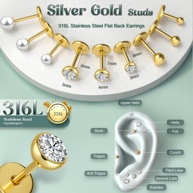 GEMQUEEN Flat Back Earrings Stud : 14K Gold Filled Titanium Surgical Steel Earrings Hypoallergenic for Women Men 16G 18G Cartilage Helix Tragus Conch Medusa Piercing Jewelry Dainty Earring Set 3 Pairs - Image 2